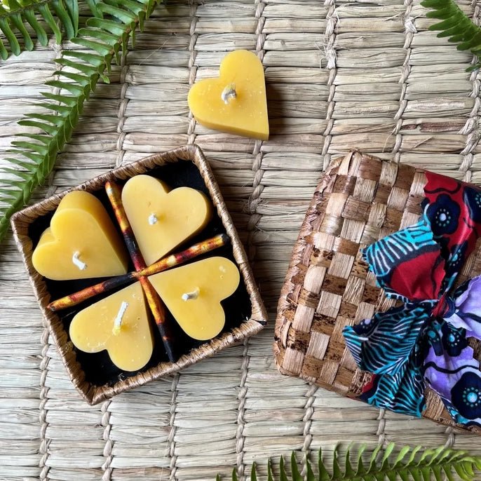 Floating Beeswax Heart Votives (Set of 4) - Woven Banana Leaf Gift Box - Myth & Ink: Worlds of C.A. Smith