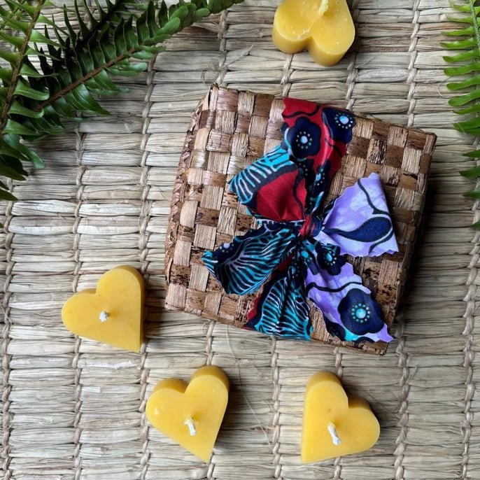 Floating Beeswax Heart Votives (Set of 4) - Woven Banana Leaf Gift Box - Myth & Ink: Worlds of C.A. Smith