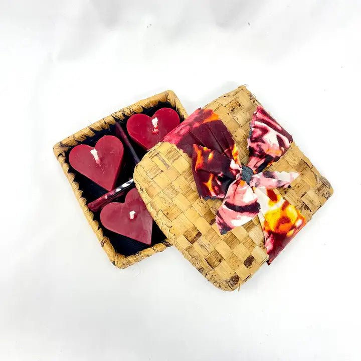 Floating Beeswax Heart Votives (Set of 4) - Woven Banana Leaf Gift Box - Myth & Ink: Worlds of C.A. Smith