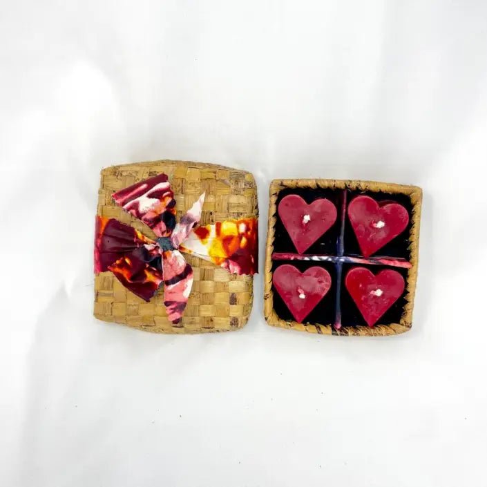 Floating Beeswax Heart Votives (Set of 4) - Woven Banana Leaf Gift Box - Myth & Ink: Worlds of C.A. Smith