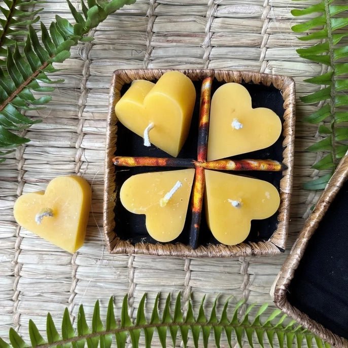 Floating Beeswax Heart Votives (Set of 4) - Woven Banana Leaf Gift Box - Myth & Ink: Worlds of C.A. Smith
