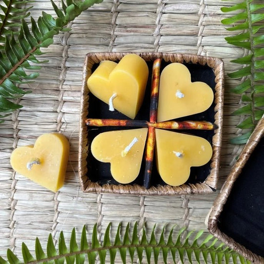 Floating Beeswax Heart Votives (Set of 4) - Woven Banana Leaf Gift Box - Myth & Ink: Worlds of C.A. Smith