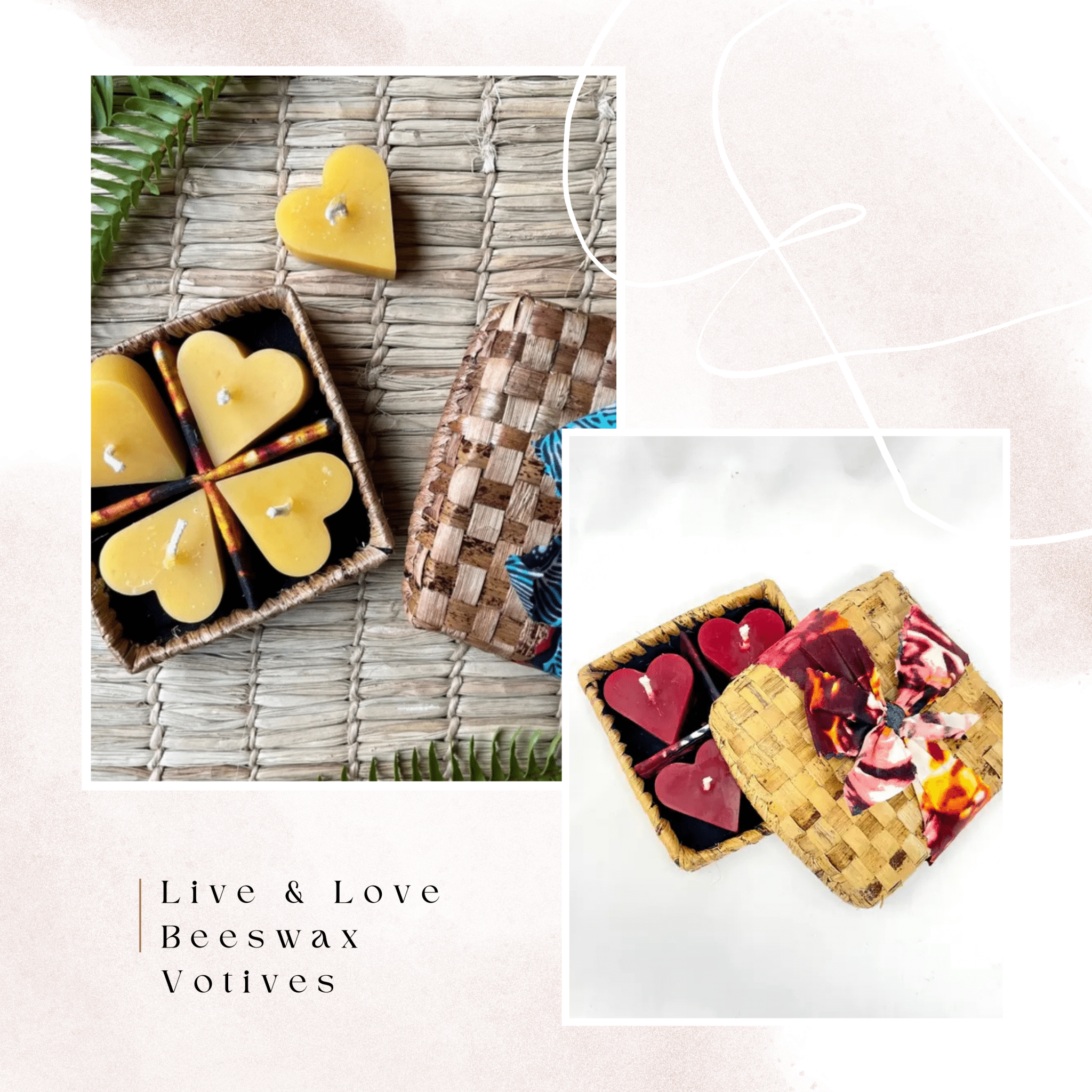 Floating Beeswax Heart Votives (Set of 4) - Woven Banana Leaf Gift Box - Myth & Ink: Worlds of C.A. Smith