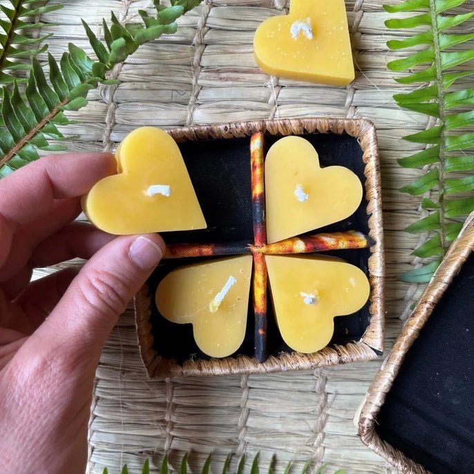 Floating Beeswax Heart Votives (Set of 4) - Woven Banana Leaf Gift Box - Myth & Ink: Worlds of C.A. Smith