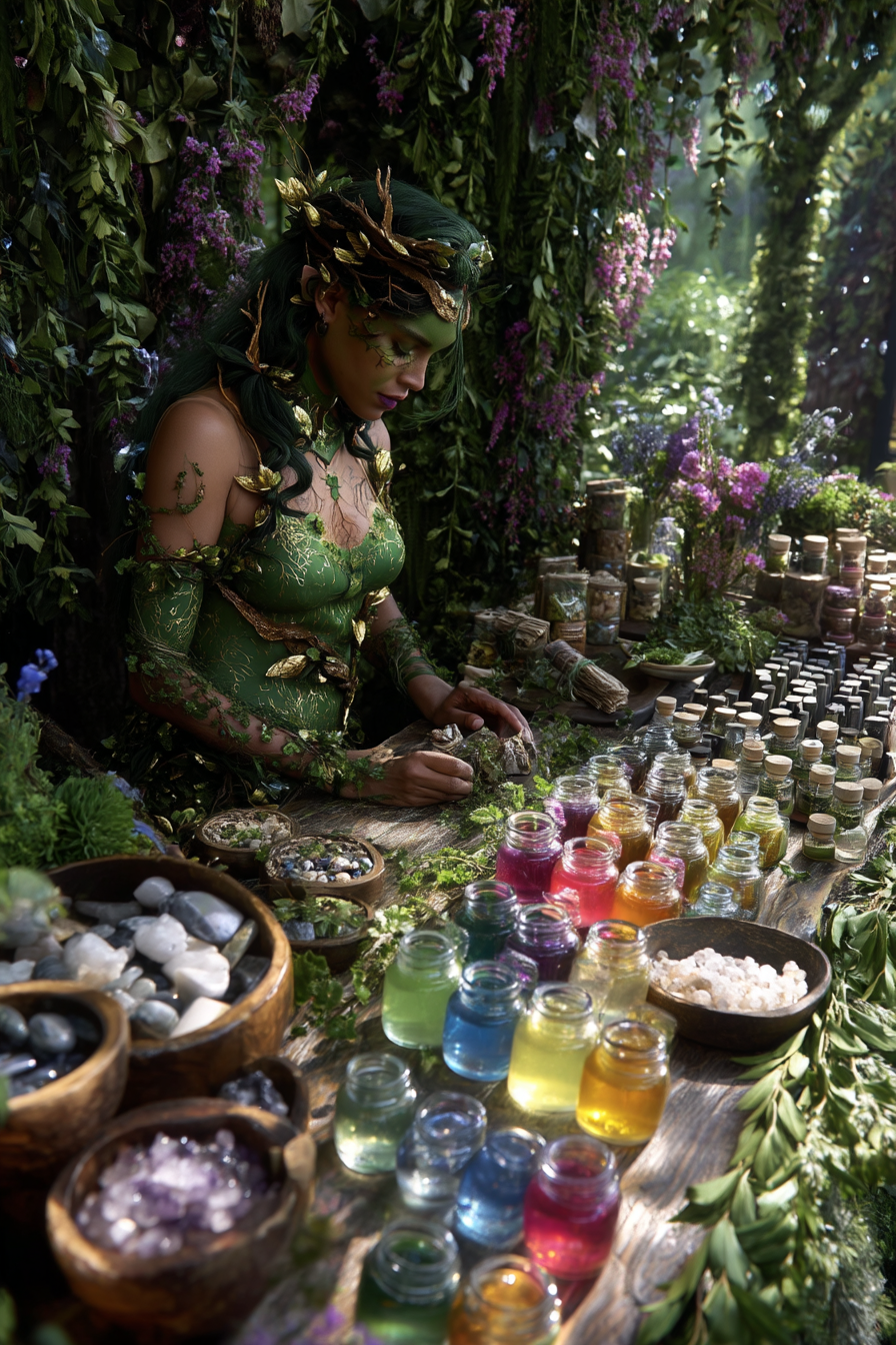 Dryad Healer Champion Candace Carlowe looking over goods at Garden of Remedies